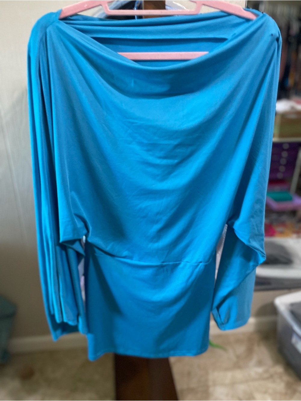 Draped Turquoise Boatneck Dolman Tunic